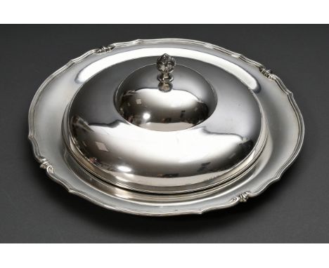 Teller mit Chippendale Rand, Rocaille Elementen, dreigeteiltem Einsatz und Deckel, Silber 800, 1200g, Ø 33,5cm, H. 11cm