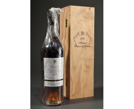 Flasche 1939 Armagnac Baron de Lustrac, 0,7l, in Original Holzkiste