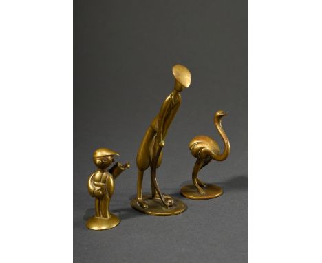 3 Diverse Hagenauer Figuren oder Aschentöter "Golfspieler" (H. 9,6cm), "Caddy" (Boden sign., H. 4,6cm)  und "Vogel Strauss" (