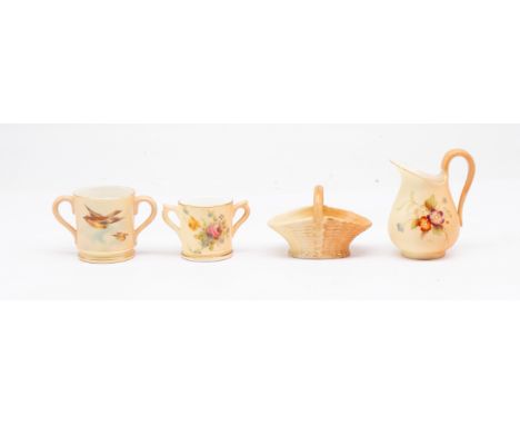 Two Royal Worcester blush ivory miniature two handled loving cups, one painted with birds, the other flowers together with a 
