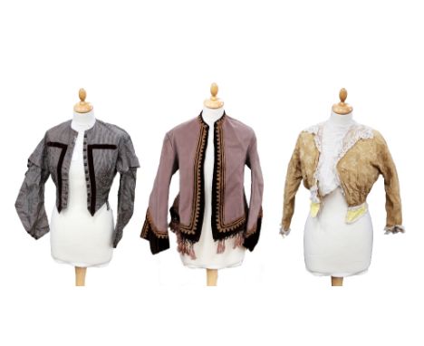 A 1870s checked taffeta bodice, beige/brown check design, brown velvet&nbsp; ribbon detail, decorative velvet buttons with a 