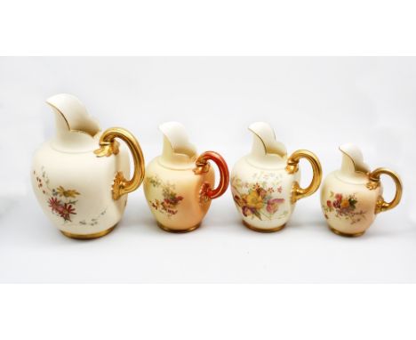 Four various Royal Worcester blush ivory ewers / jugs, shape no: 1094, all decorated with flowers, gilt heightened, factory s
