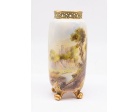 A Royal Worcester vase, shape no: G 42, pierced gilt rim on four scroll and acanthus feet, the body painted with a Castle abo