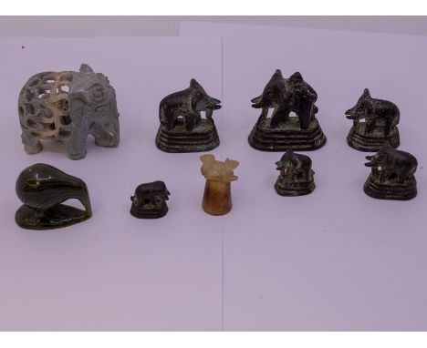 Two large Modern Chinese carved Jadeite figural groups of birds on carved bases together with a set of six Asian probably Bur