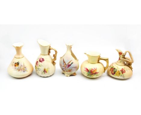 A group of Royal Worcester and Locke & Co blush ivory to include: three various jugs painted with flowers and gilt heightened