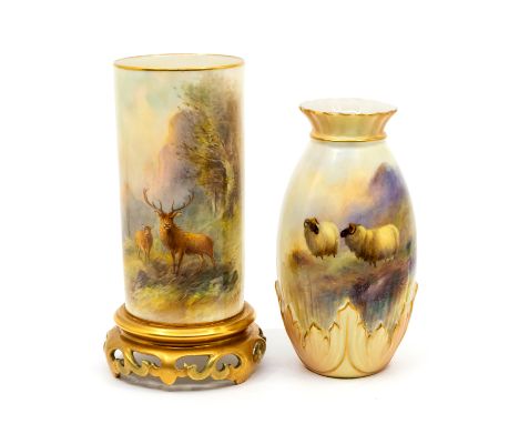 A Royal Worcester spill vase, shape no: 6 / 161, on raised pierced scroll, the body painted with a stag and roe in woodland, 