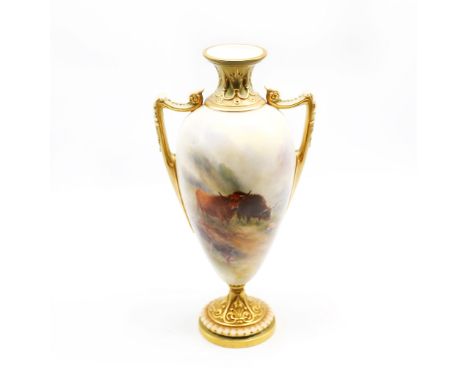 An early 20th Century Royal Worcester twin-handled pedestal vase, shape no: 2192, the body painted with Highland Cattle signe