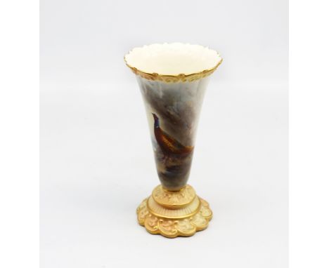 A Graingers Worcester trumpet shaped vase, on a blush and gilt base, painted with Pheasant by James Stinton, no 706 61. Green