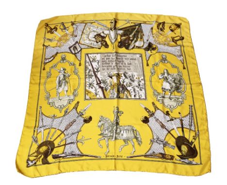 Hermes - a vintage silk twill  scarf, by Phillipe Ledoux for Hermes, circa 1950's, depicting a floral panel of a knight/caval