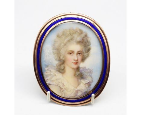 English School in the manner of Richard Cosway (19th Century) Portrait miniature of a Lady, white dress with ruched collar, p