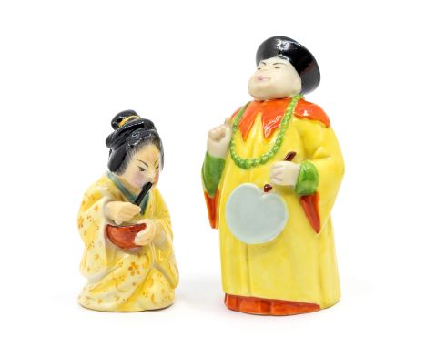 An early 20th Century Royal Worcester candle snuffer modelled as a Mandarin in yellow and red robes, puce factory mark, date 