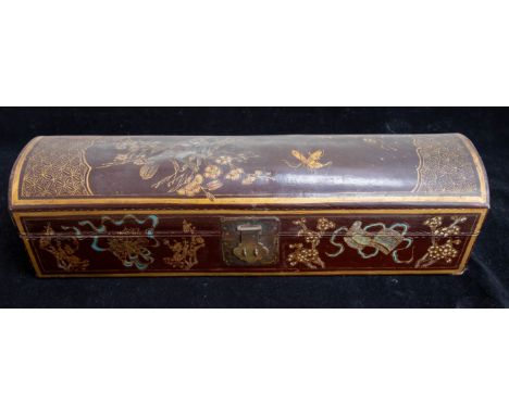 A Chinese green lacquered two handled scroll casket / case, decorated with bird, butterfly, flowers and foliage with gilt scr