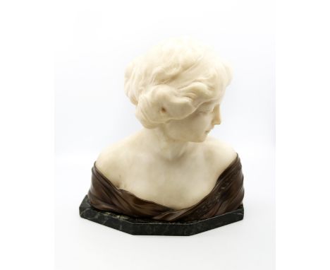 Schumacher - an Art Deco alabaster and cast bronze head and shoulders portrait bust of a maiden, wearing a headband, raised o