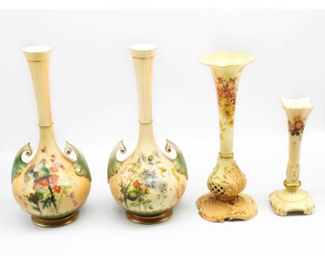 A pair of Royal Worcester shape no 1761 two handled vases, decorated with thistle flowers, puce factory mark, Registration nu