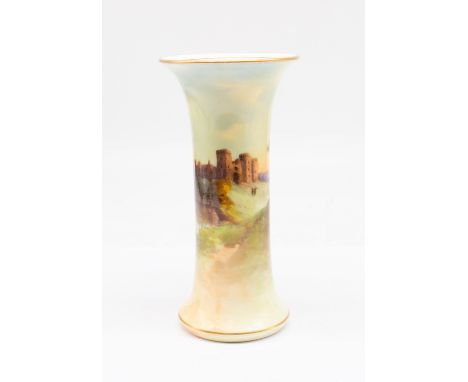 A Royal Worcester trumpet vase, shape no: G 923, the body painted with Raglan Castle and landscape with figures, gilt heighte