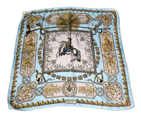 Hermes- a vintage silk twill scarf 90  'Ludovicus Magnus'  by Francoise de la Perriere for Hermes Paris, beige ground with po