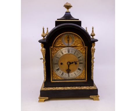 A 17th Century style ormolu mounted ebony cased mantle clock, the dial with silvered chapter ring Roman numerals with subsidi