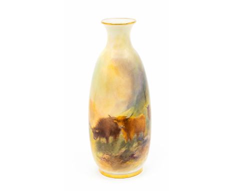 A Royal Worcester vase, shape no: 2491, the body painted with Highland Cattle in landscape, signed Stinton, gilt rims, with p