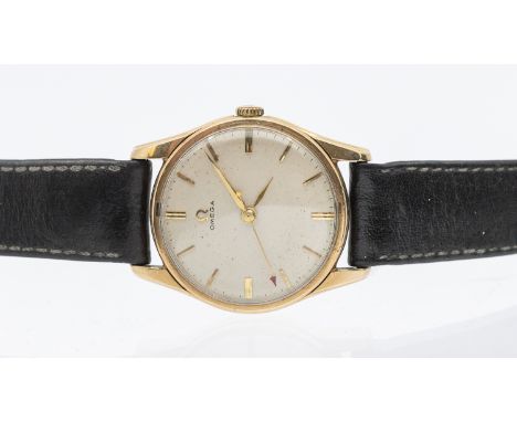 Omega- a gentleman's vintage 9ct gold wristwatch comprising a round signed champagne dial with applied gilt baton markers, gi