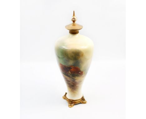 An early 20th Century Royal Worcester vase and cover, shape no: F106/H the body painted with Highland Cattle, signed by John 