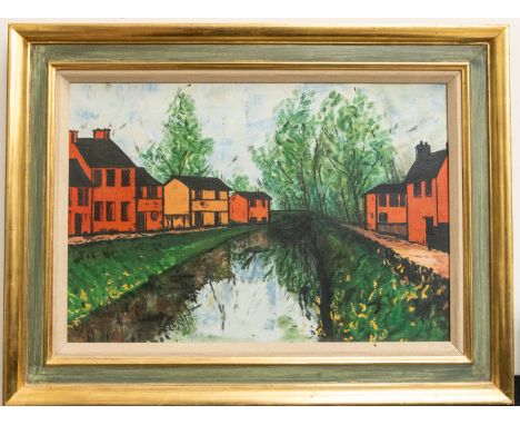 English Decorative School (20th Century after Bernard Buffet) Somme River Lock  oil on canvas, 44 x 65cm, framed   Provenance