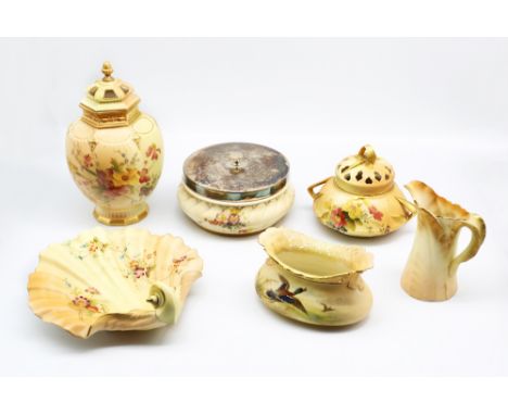 A group of early 20th Century Royal Worcester blush ivory to include: shell shaped bon bon dish, no: 172, a leaf moulded jug,