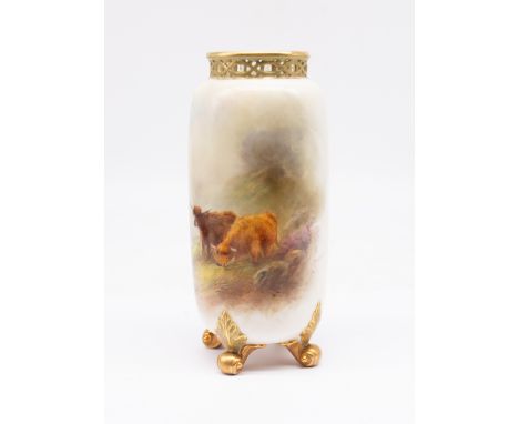 A Royal Worcester vase, shape no: G 42, pierced gilt rim on four scroll and acanthus feet, the body painted with Highland Cat