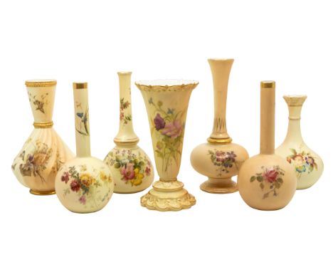 A group of seven early 20th Century various Royal Worcester vases, all painted with flowers, shape numbers: 1452, 1733, G706,