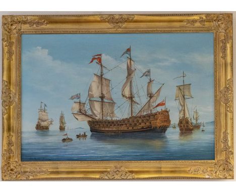 John Bentham-Dinsdale (1927-2008)  Morning Light - The Royal Prince as she appeared in 1679 oil on canvas, 50 x 75.5cm  signe