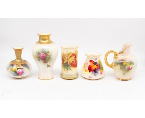 A group various early 20th Century Royal Worcester vases along with a jug, all decorated with roses or fruit, all gilt height