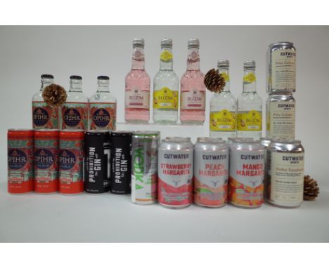 8 BOTTLES AND 17 CANS PRE-MIXED DRINKSOpihr 3 x G+T with Grapefruit (27.5ml) and 3 x G+T with Orange (25ml); Prohibition G+T 