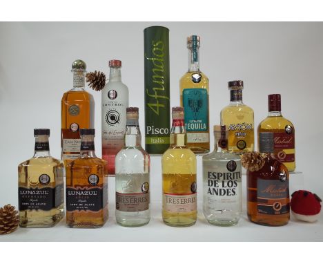 12 BOTTLES MIXED SPIRITSLunazul Tequila Reposado and Anejo; Tres Erres Pisco Reservado Transparante and Uvas Moscatel + Pedro