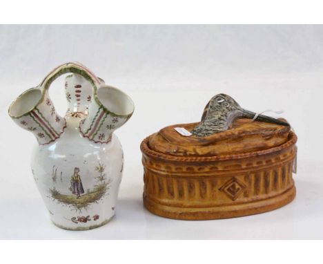 Faience three spout Vase plus a french ceramic croc pot with Bird handle and marked "Pillivuyt &amp; Cie"