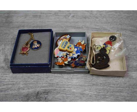 Various Enamel and Other Badges including Golly on Bicycle, Mario Cart, Euro 96 plus Two Enamel Pendants and a Stratton Horse