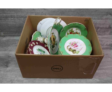 Box of mixed 19th Century ceramic plates etc with hand painted Botanical images