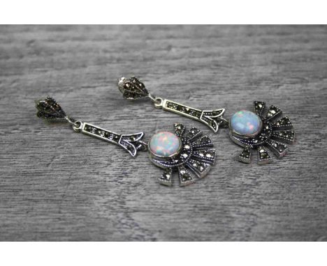 A pair of Silver Art Deco style Marcasite and Opal paneled drop earrings