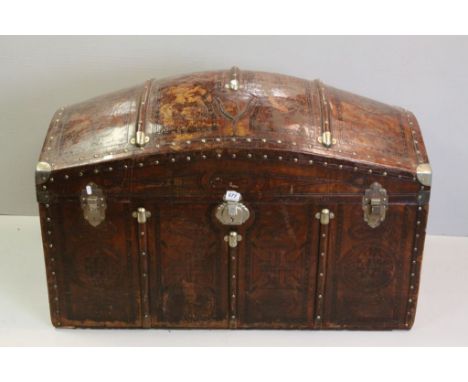 Large Leather Domed Top Trunk with Metal Studs and Mounts and Two Leather Carrying Handles, 112cms long x 73cms 