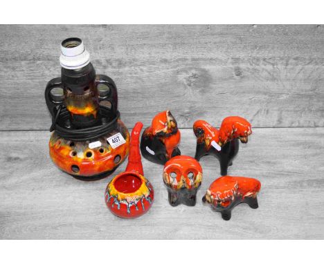 Four West German pottery Animals and similar Lamp. all with Lava style finish and a similar small planter in the form of a pi