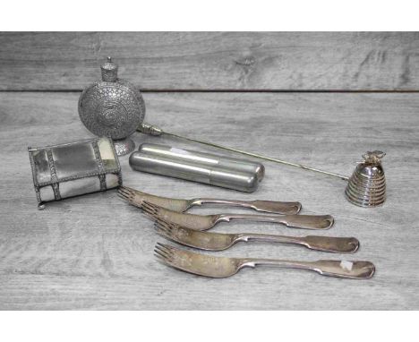 Mixed Lot of Silver Plated and White Metal Items including Bee Candle Snuffer, Four Sporks, Indian Perfume / Snuff Bottle, Ci