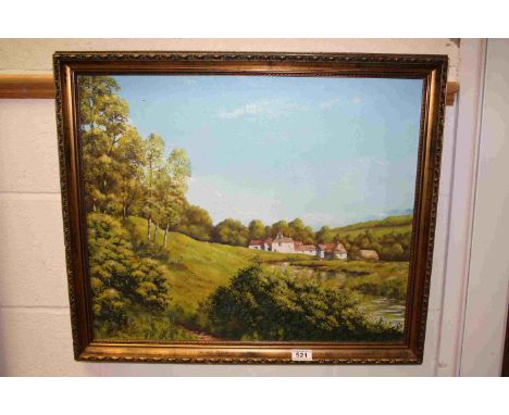 Framed Oil on canvas "River Cottage", signed K Wall (Kenneth J Wall)