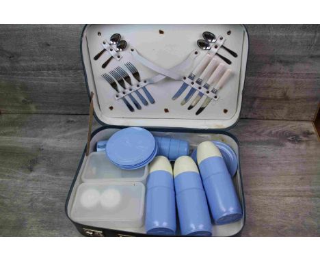 Vintage Picnic type hamper in a Suitcase style case, includes Thermos Flasks and cutlery