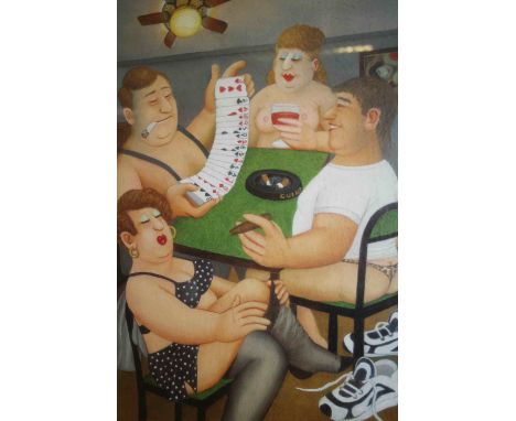 A framed Beryl Cook print, showing card playing signed to mount with pencil
