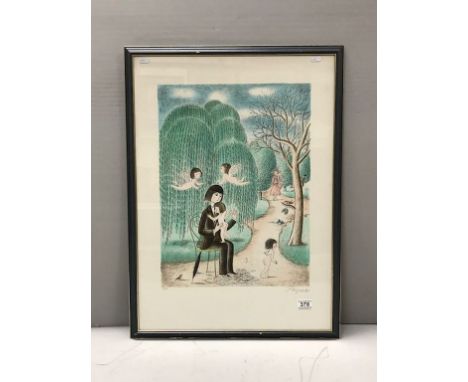Raymond Peynet - Framed &amp; glazed colour print "Elle M'aime un peu Beaucoup Passionnément" signed in pencil (29" x 21" app