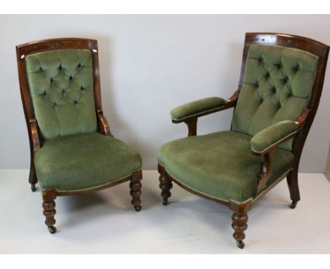 Late 19th / Early 20th century Gent and Ladies Parlour Armchairs with Green Button Back Upholstery