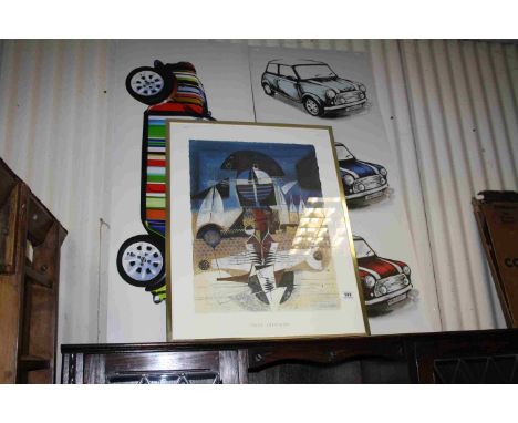 Pair of mini car prints on canvas plus a framed and glazed IBO Dreyer print 