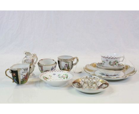 Collection of 18th and 19th century hand painted ceramics to include Dresden cabinet cup, raised on three paw feet, the handl