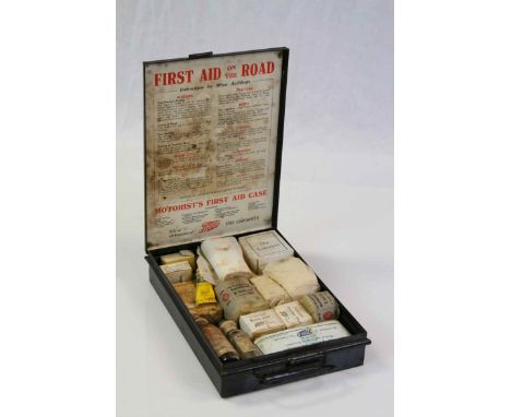 Boots Motorists First Aid case with contents to include Boric Lint, Bandage, Absorbent Wool, Burnol Acriflavine cream, finger