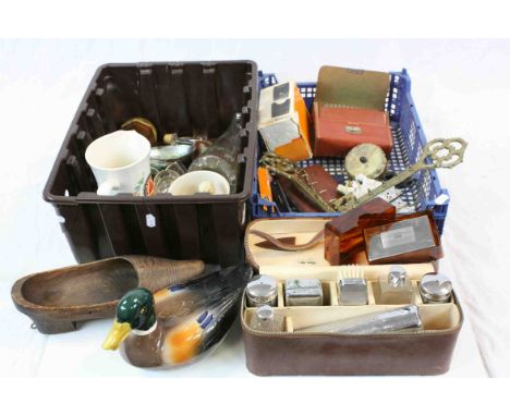 Two Trays of Mixed Collectables including Cased Brush Sets, Wooden Clog, Pub Advertising Jug, Glass Hunting Scene Decanter an