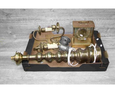 Box of metal items to include a large Brass Lamp base, pair of bracket wall lights, Clock and a Bicycle Carbide Lamp