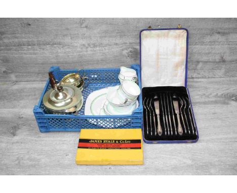 Three piece Silver plated teaset, boxed cutlery and a Roslyn China part tea service